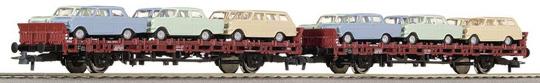Set of 2 Flat cars oaded with Opel Kadett Limousine and Caravan<br /><a href='images/pictures/Roco/66021.jpg' target='_blank'>Full size image</a>